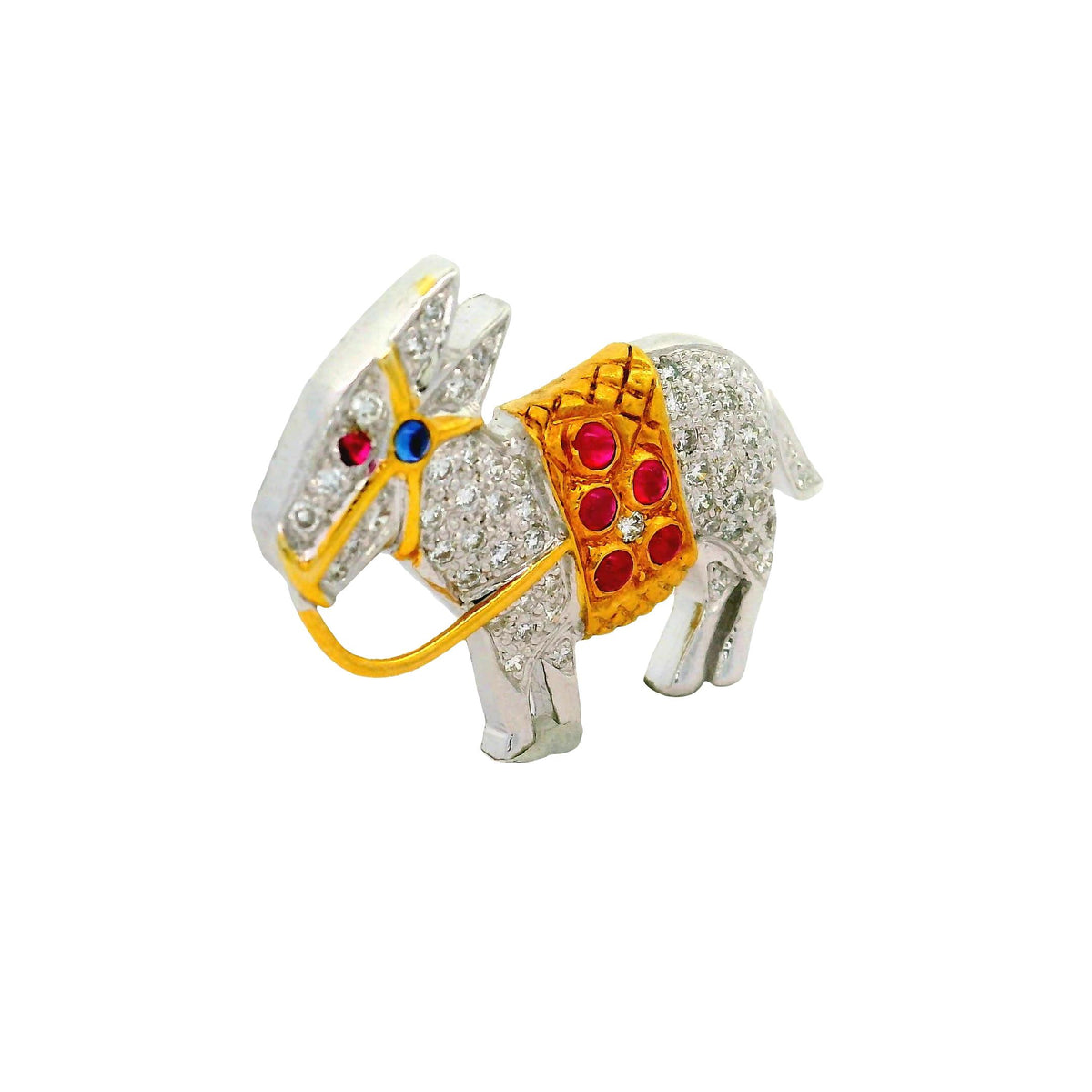 Diamond Ruby Blue Sapphire 18K Two-Tone Gold Donkey Pin Brooch