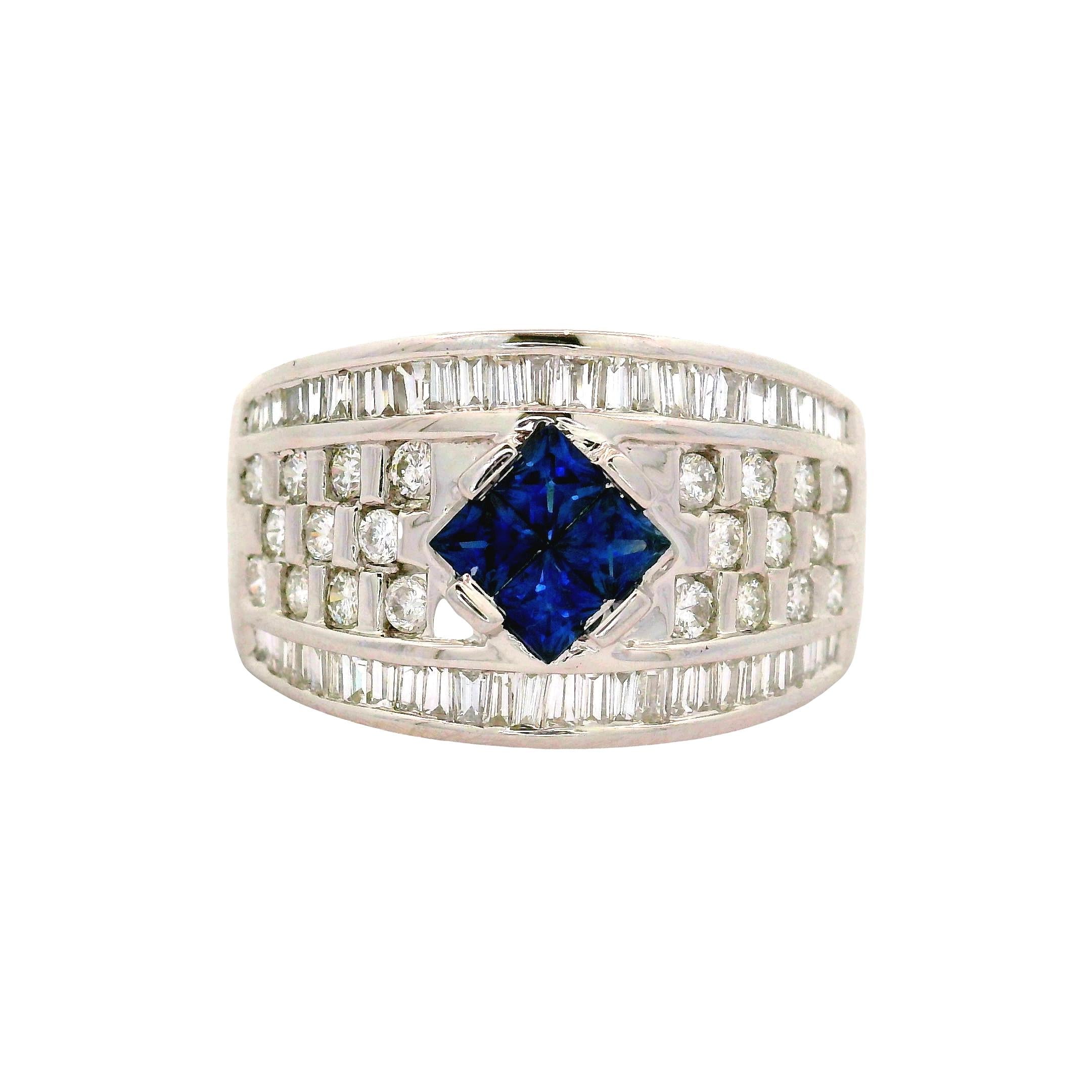 Vintage Blue Sapphire Diamond 18K White Gold Band Ring