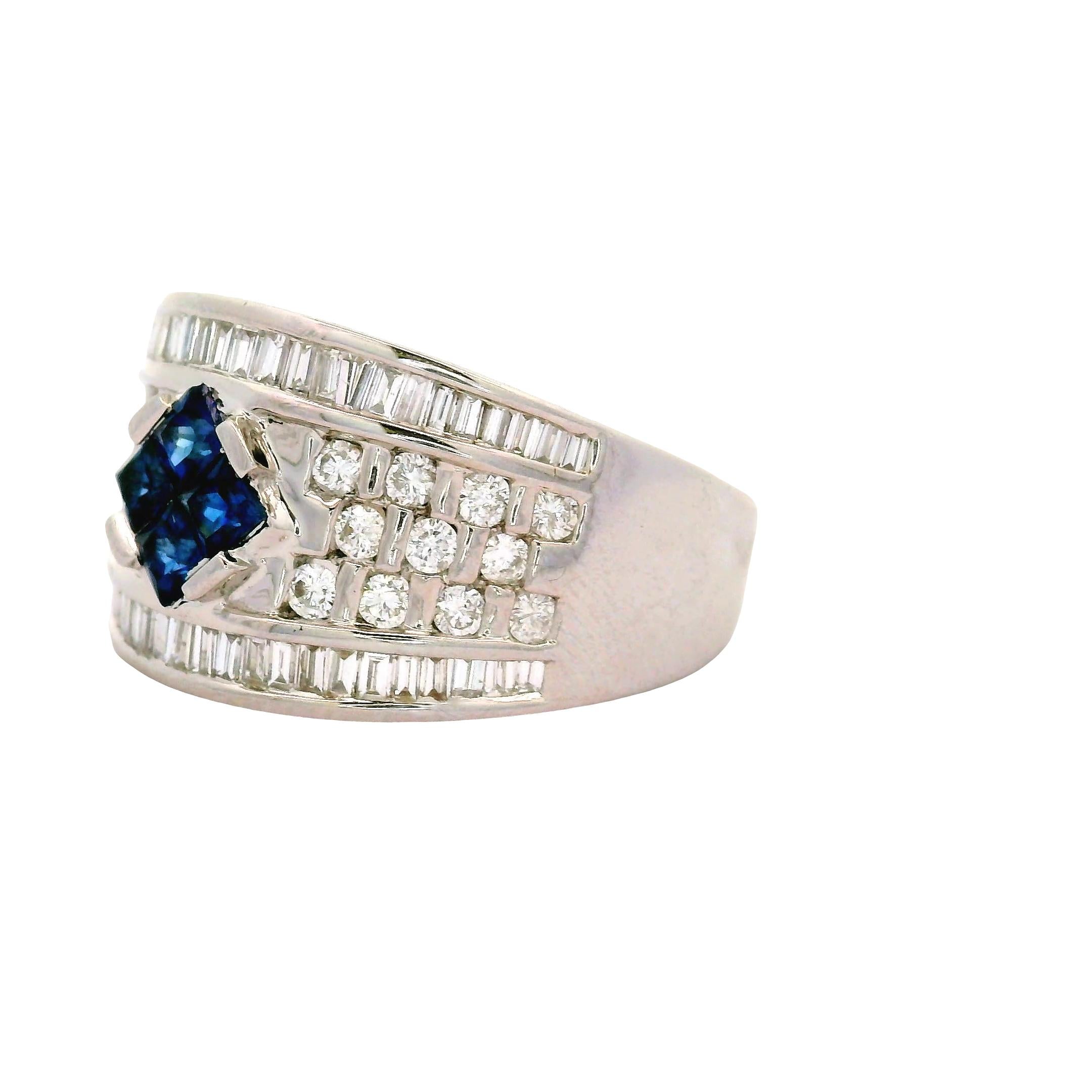 Vintage Blue Sapphire Diamond 18K White Gold Band Ring