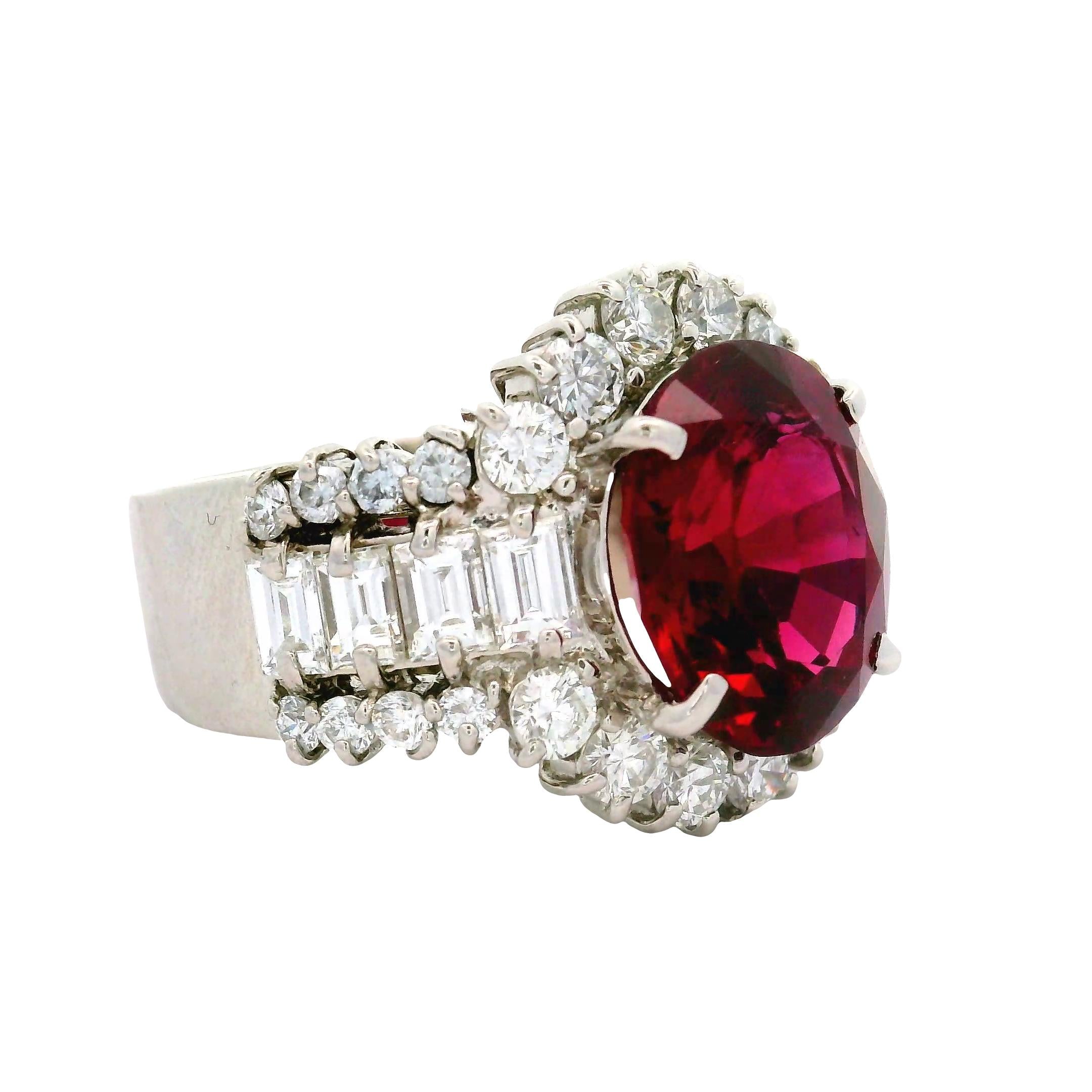 5.57 Carat No-Heat Burmese Red Spinel Diamond Platinum Ring, GIA Certified