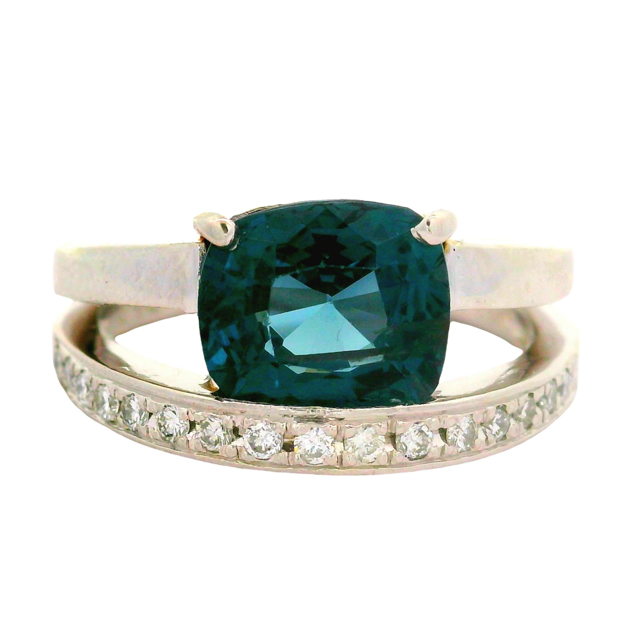 2.74 Carat Blue Spinel Diamond Platinum Double-Band Ring, AGL Certified