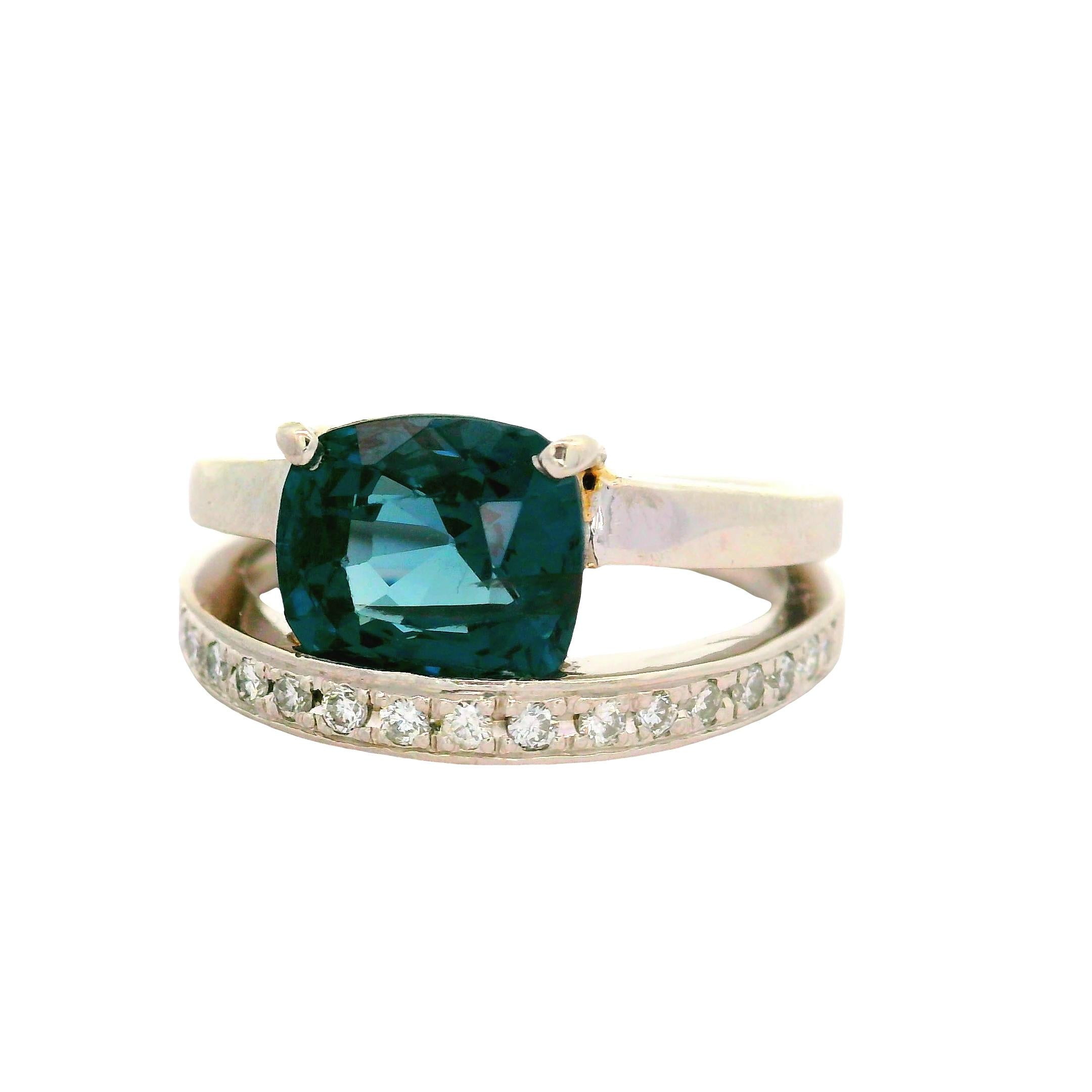 2.74 Carat Blue Spinel Diamond Platinum Double-Band Ring, AGL Certified