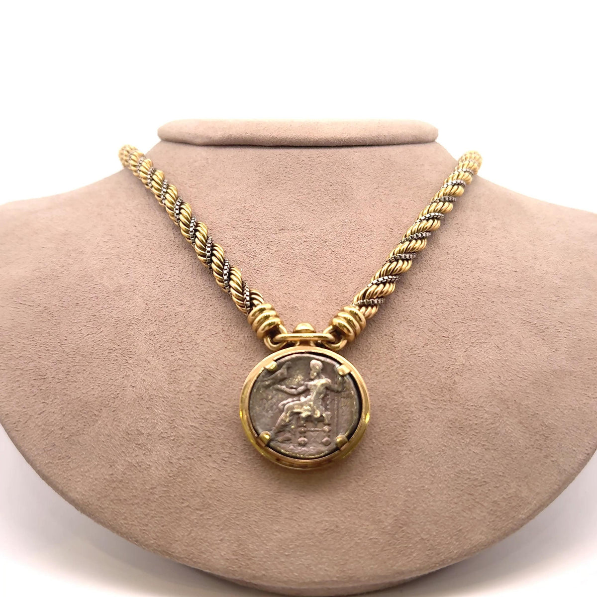 French Retro 18K Two-Tone Gold with Silver Antique Coin Braided Necklace