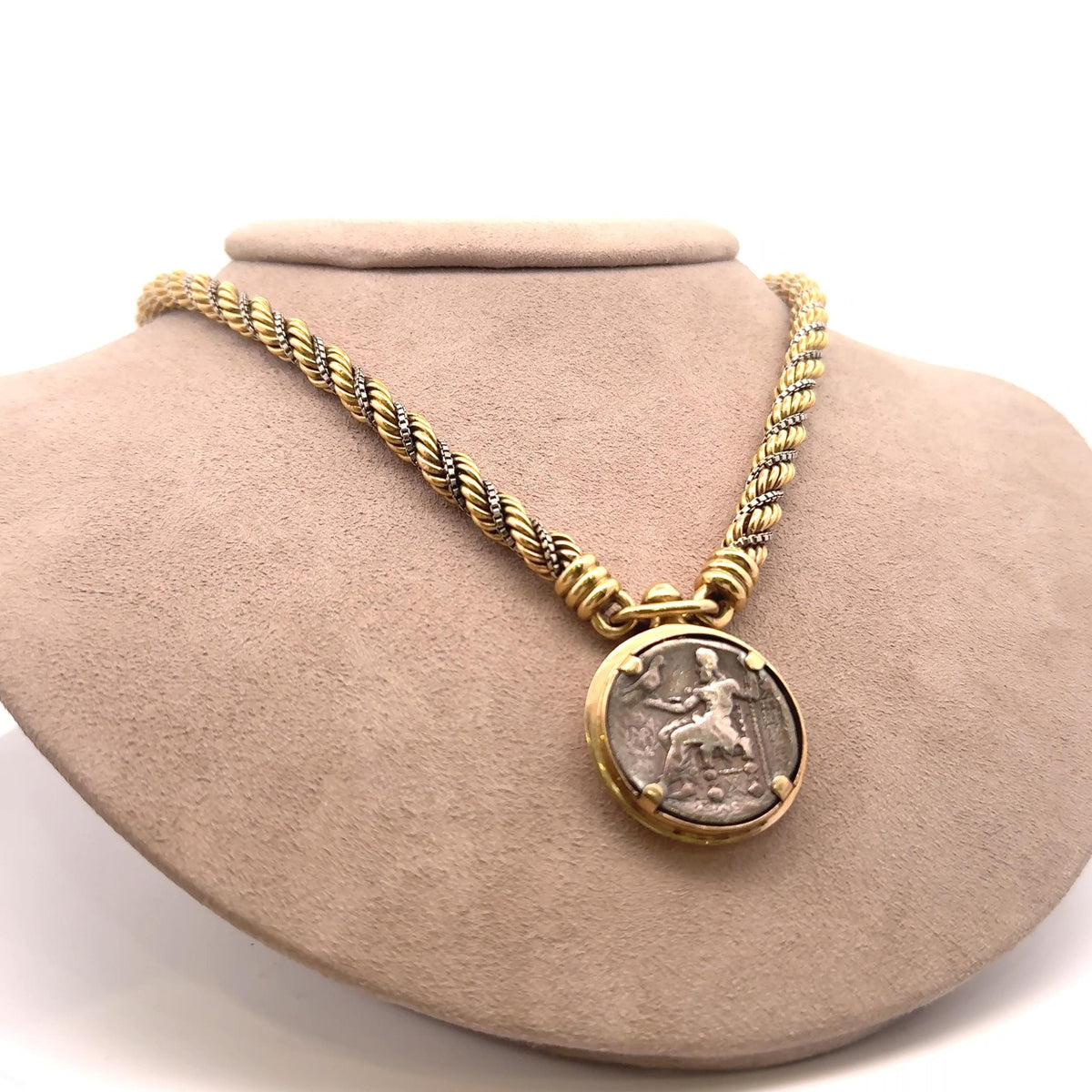 French Retro 18K Two-Tone Gold with Silver Antique Coin Braided Necklace