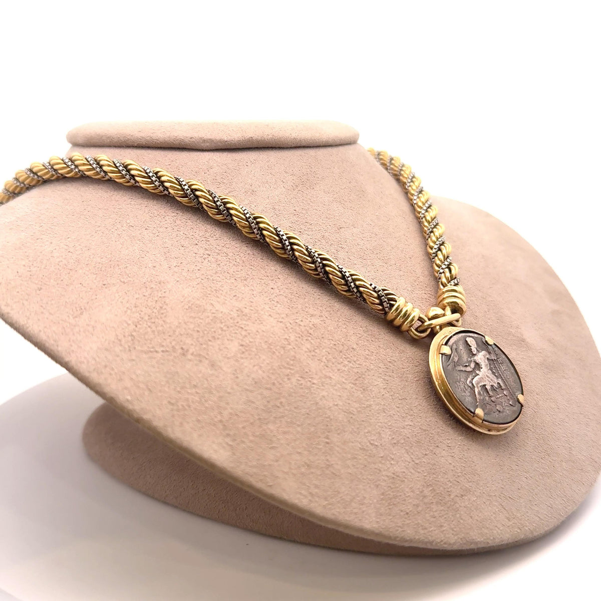 French Retro 18K Two-Tone Gold with Silver Antique Coin Braided Necklace