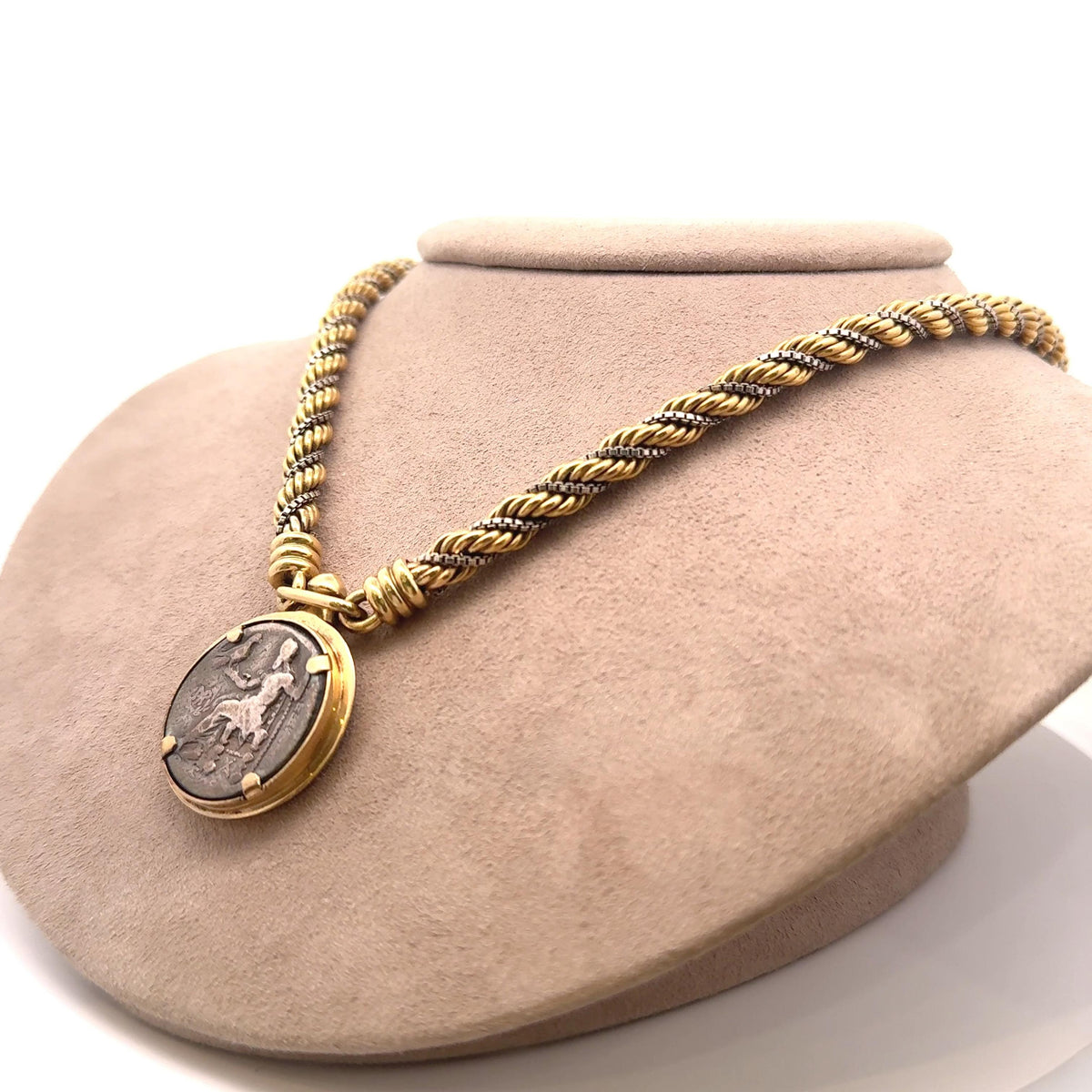 French Retro 18K Two-Tone Gold with Silver Antique Coin Braided Necklace