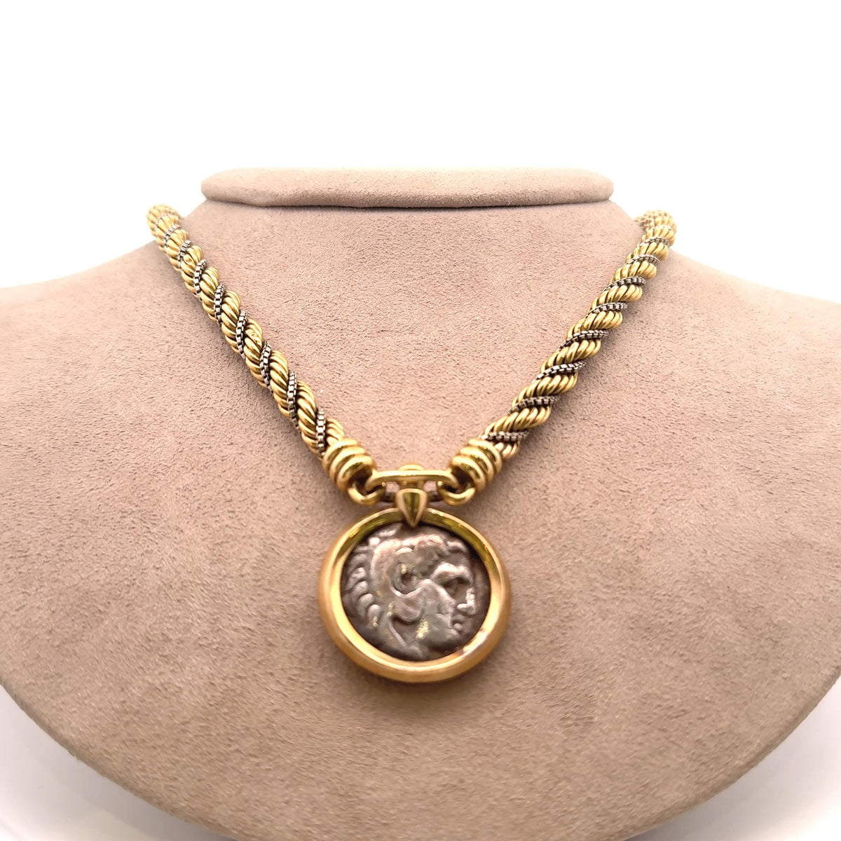 French Retro 18K Two-Tone Gold with Silver Antique Coin Braided Necklace