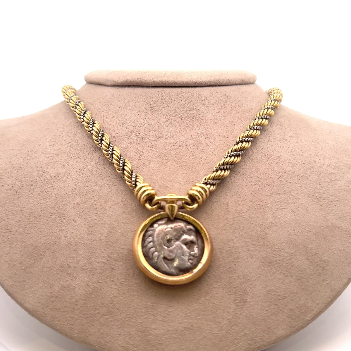 French Retro 18K Two-Tone Gold with Silver Antique Coin Braided Necklace