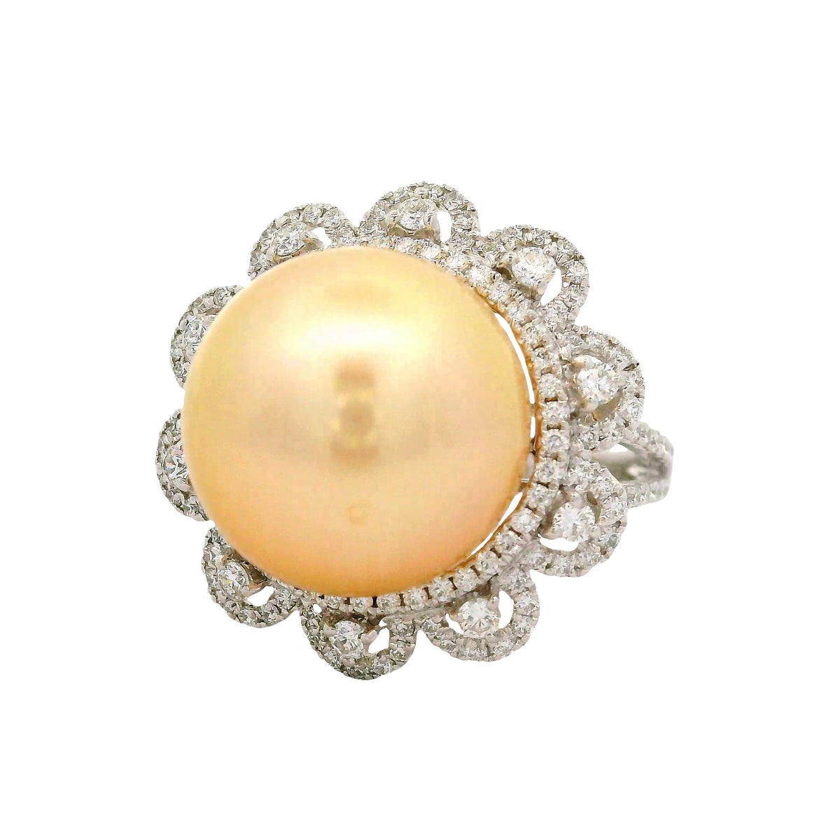 14.5MM South Sea Golden Pearl Diamond 18K White Gold Flower-Halo Ring