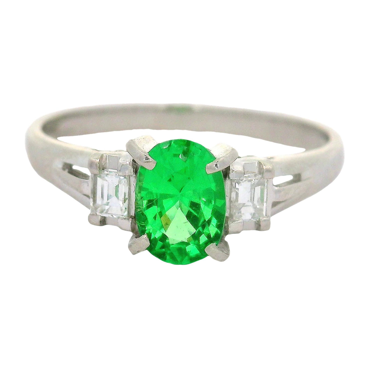 Tsavorite Garnet Diamond Platinum Three-Stone Ring