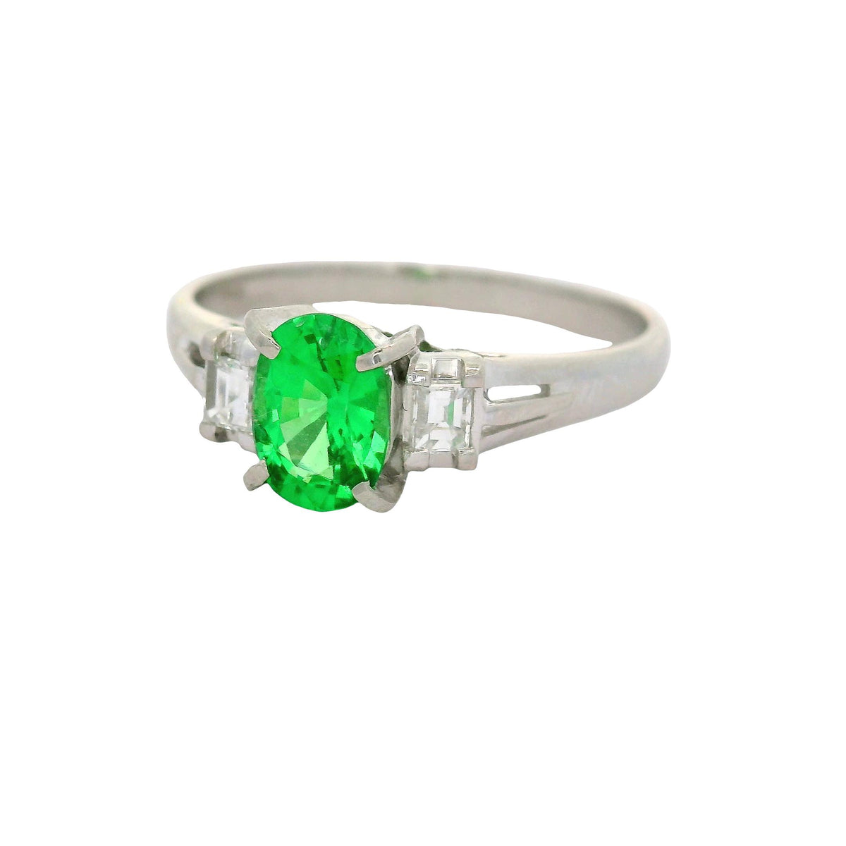 Tsavorite Garnet Diamond Platinum Three-Stone Ring