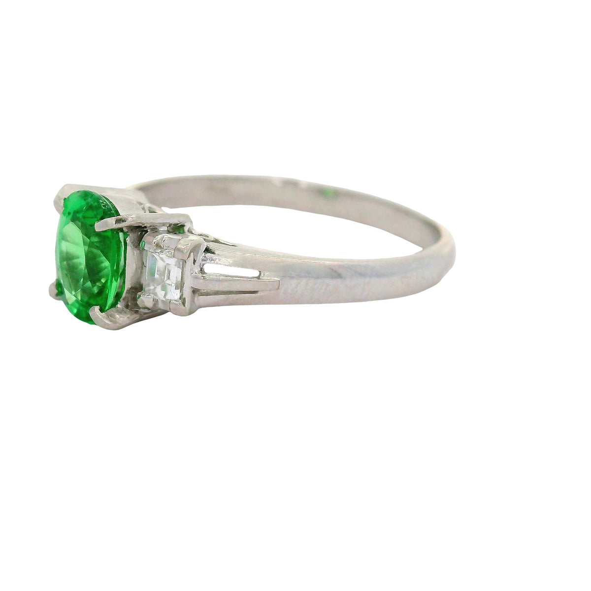 Tsavorite Garnet Diamond Platinum Three-Stone Ring
