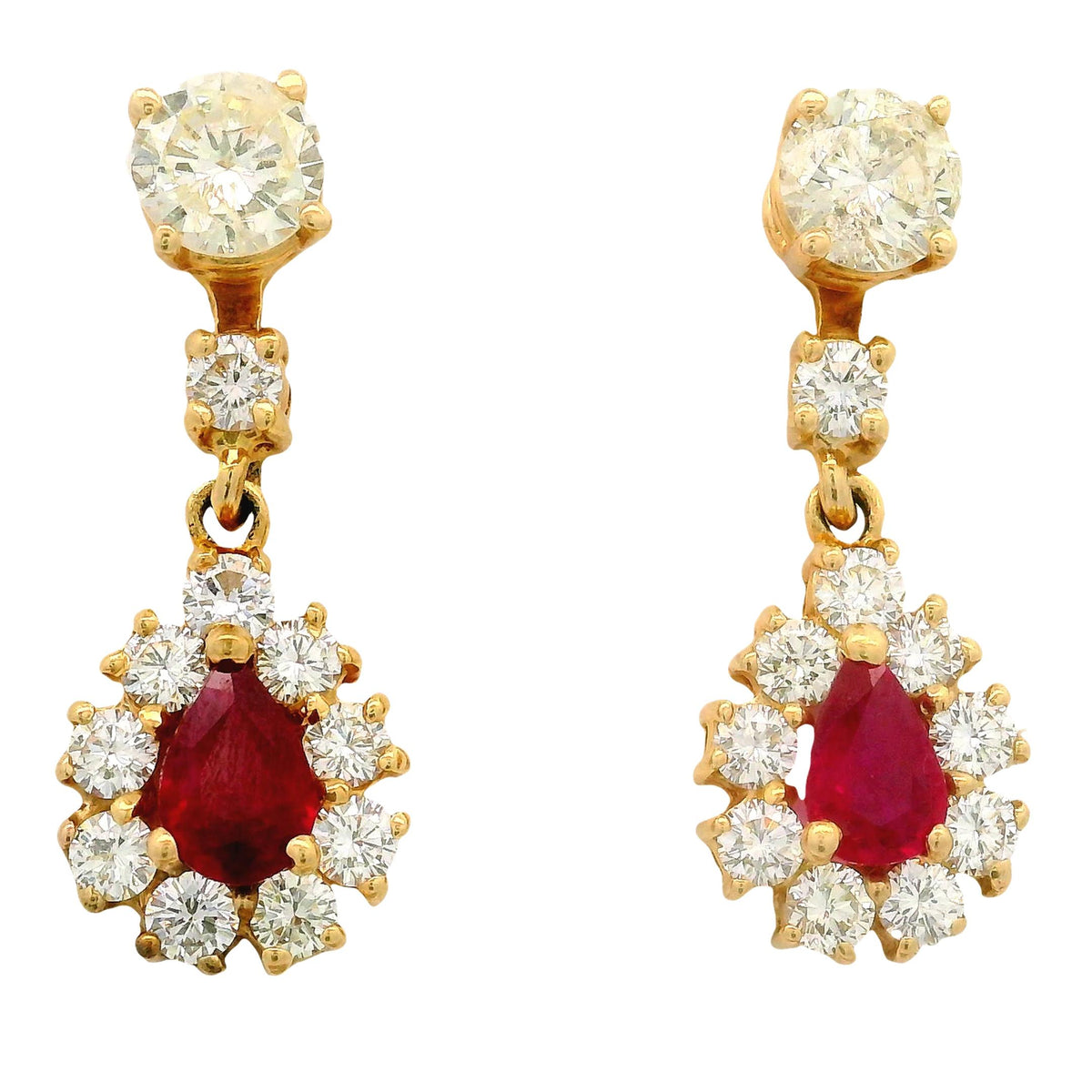 Ruby Diamond 18K Yellow Gold Halo Drop Dangle Stud Earrings