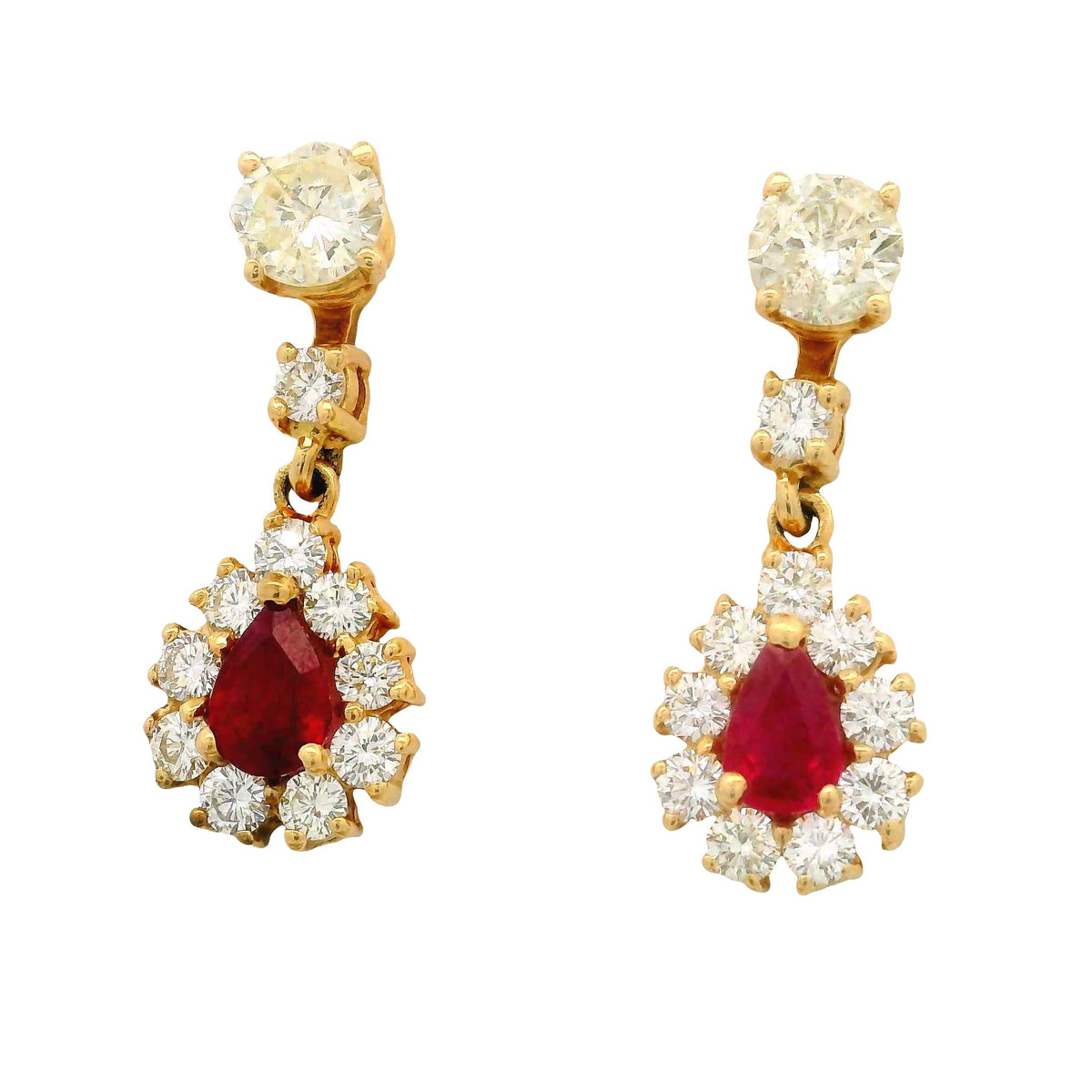 Ruby Diamond 18K Yellow Gold Halo Drop Dangle Stud Earrings