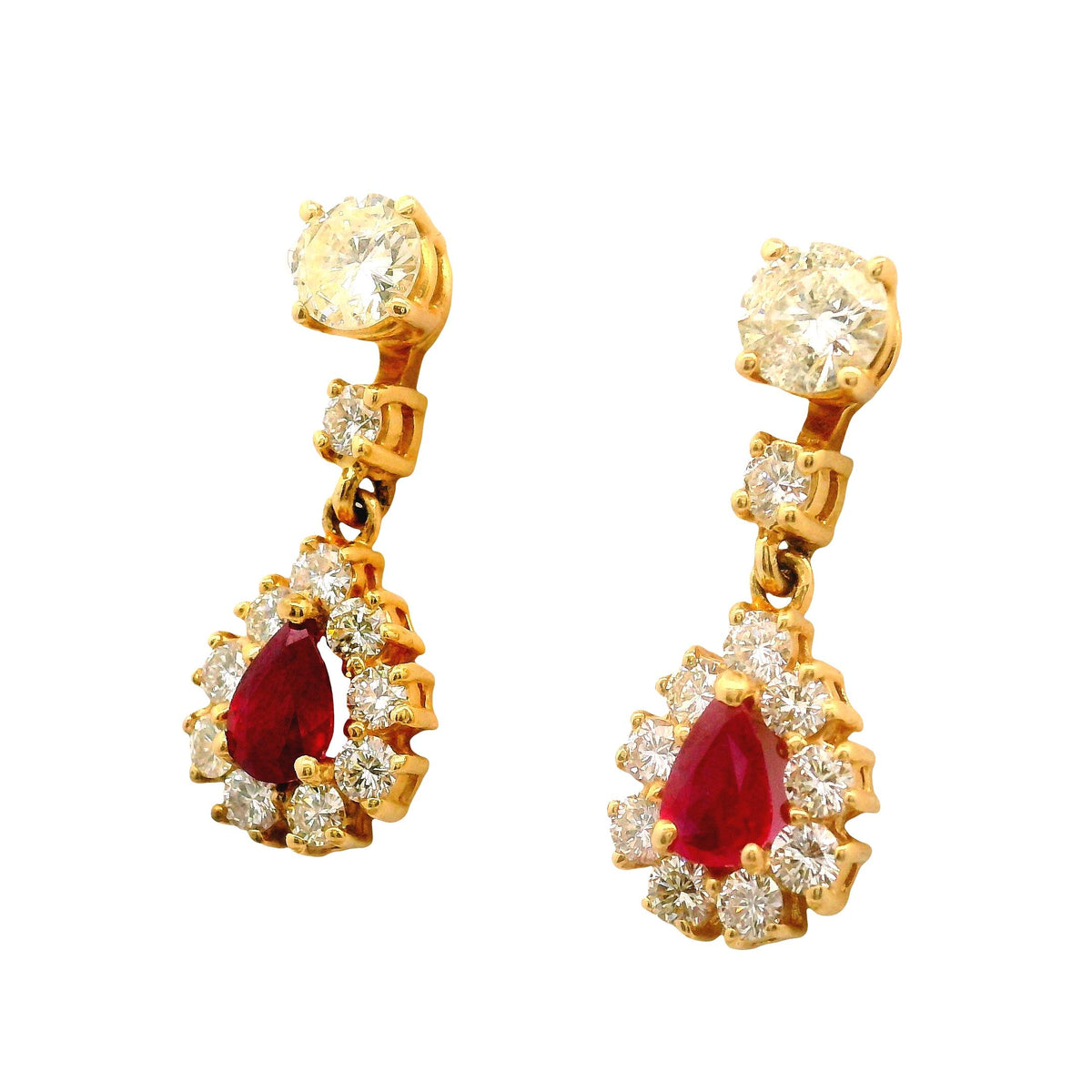 Ruby Diamond 18K Yellow Gold Halo Drop Dangle Stud Earrings