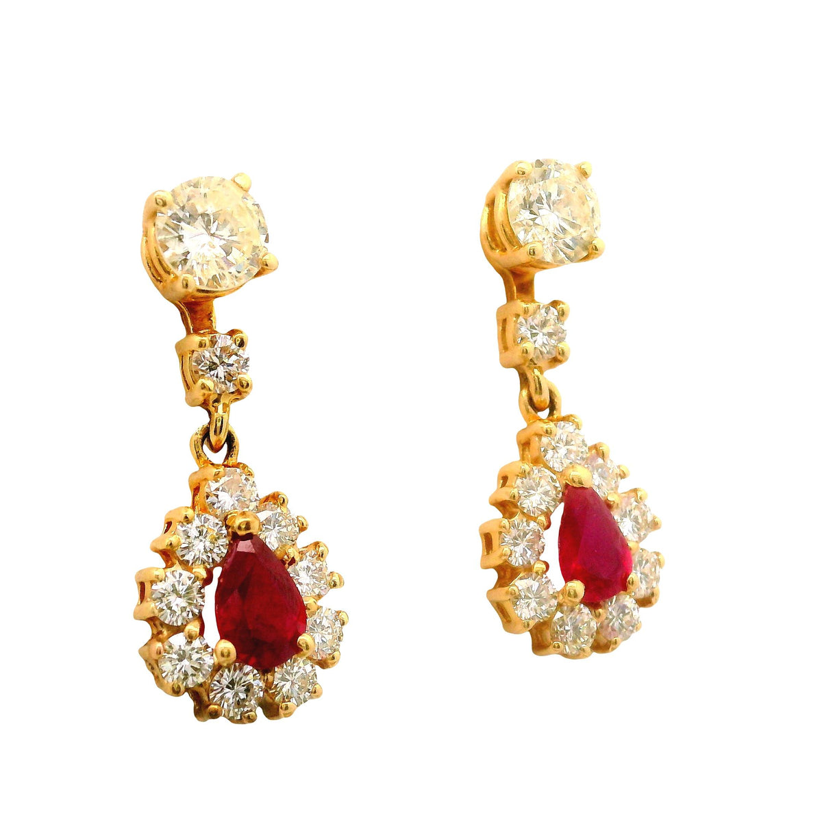 Ruby Diamond 18K Yellow Gold Halo Drop Dangle Stud Earrings