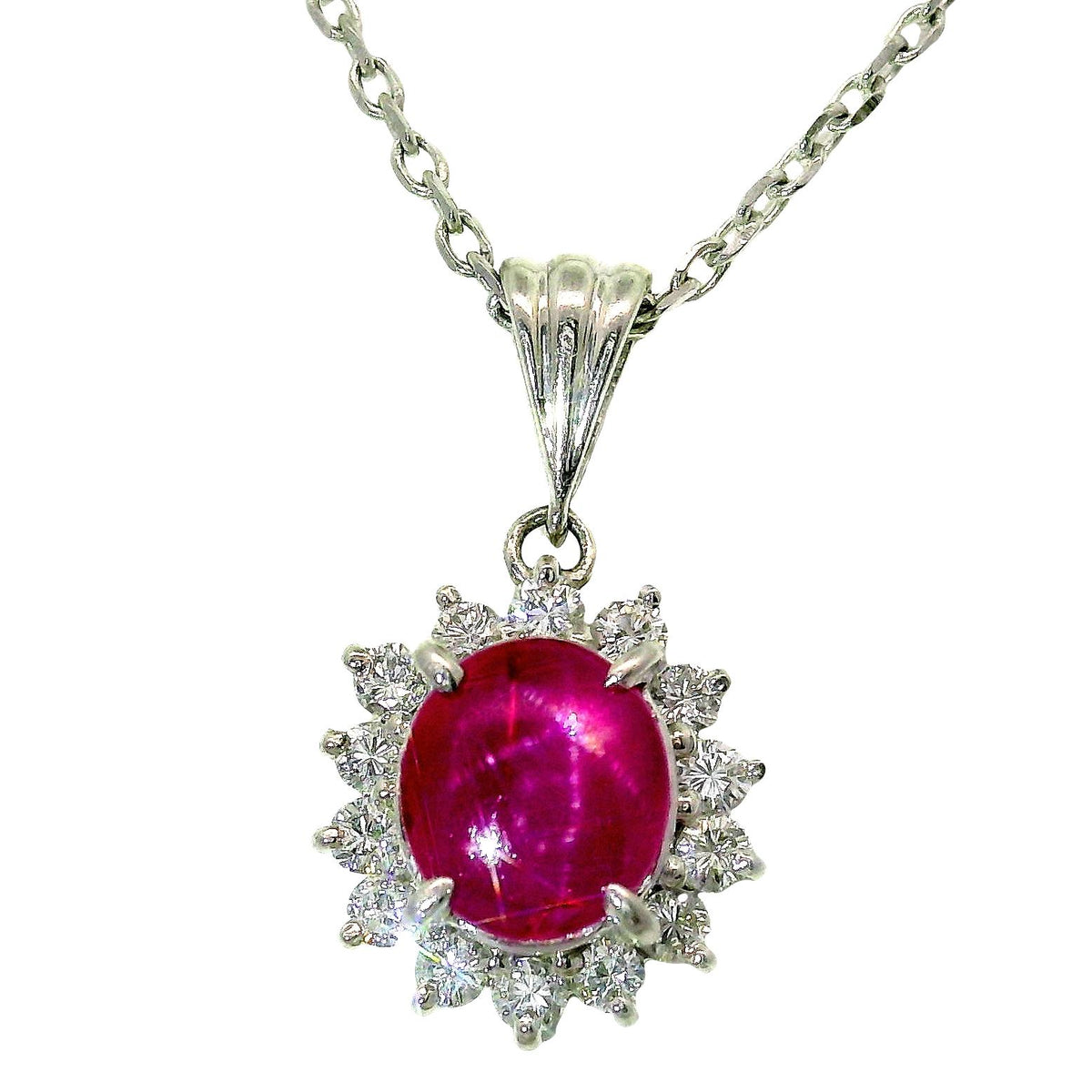 Star Ruby Diamond Platinum Halo Pendant Necklace