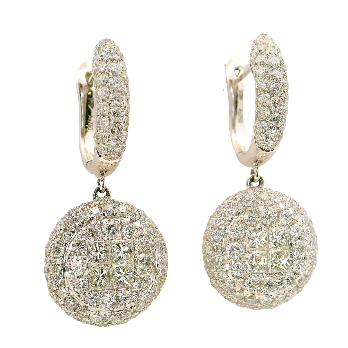 Diamond 18K White Gold Cluster Halo Huggie Drop Dangle Earrings