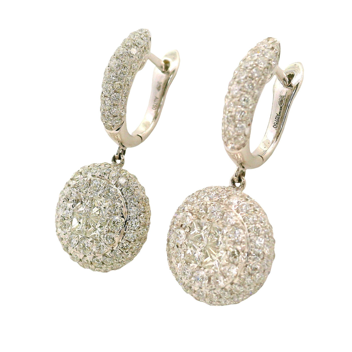 Diamond 18K White Gold Cluster Halo Huggie Drop Dangle Earrings