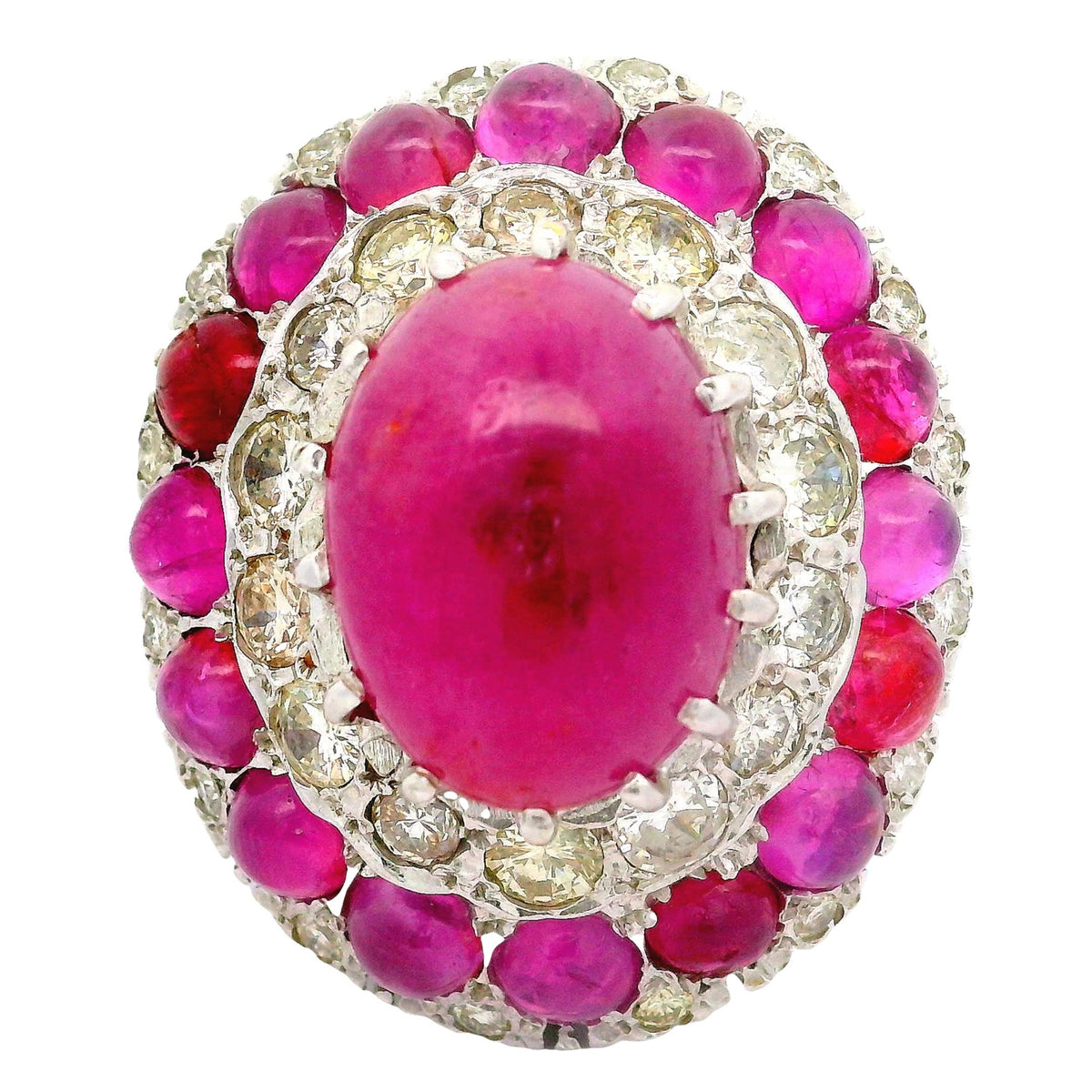 Antique-Style Ruby Diamond 18K White Gold Double Halo Cocktail Ring