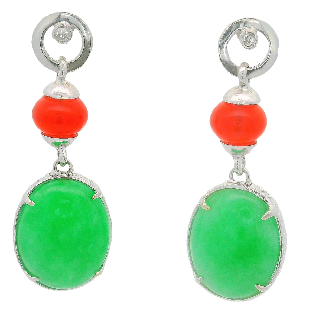 Green Purple & Orange Jadeite Jade Diamond 18K White Gold Drop Earrings