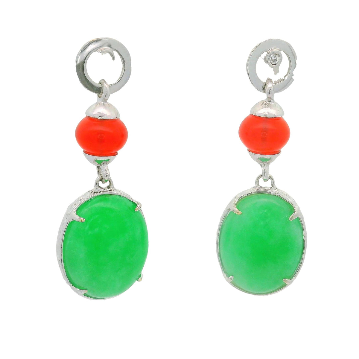 Green Purple & Orange Jadeite Jade Diamond 18K White Gold Drop Earrings