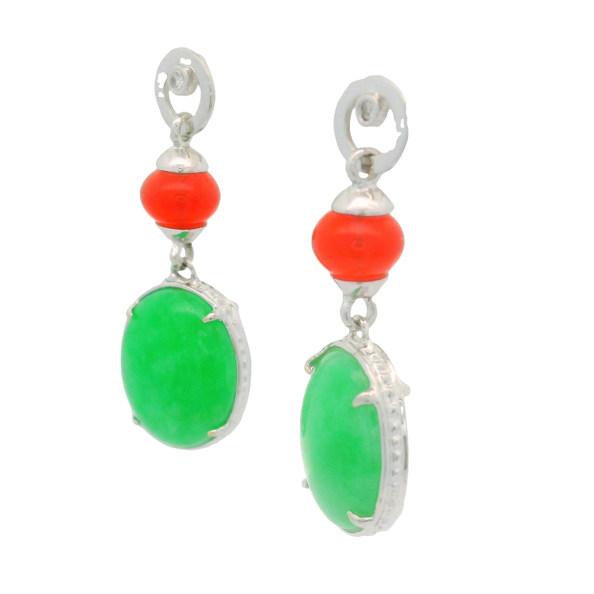 Green Purple & Orange Jadeite Jade Diamond 18K White Gold Drop Earrings