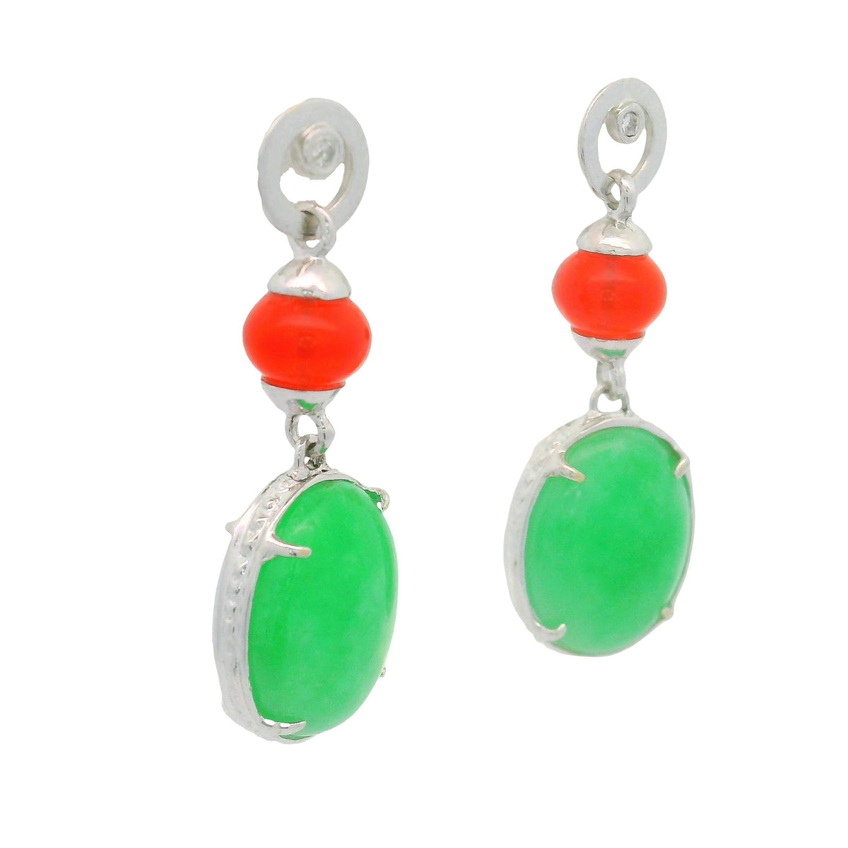 Green Purple & Orange Jadeite Jade Diamond 18K White Gold Drop Earrings