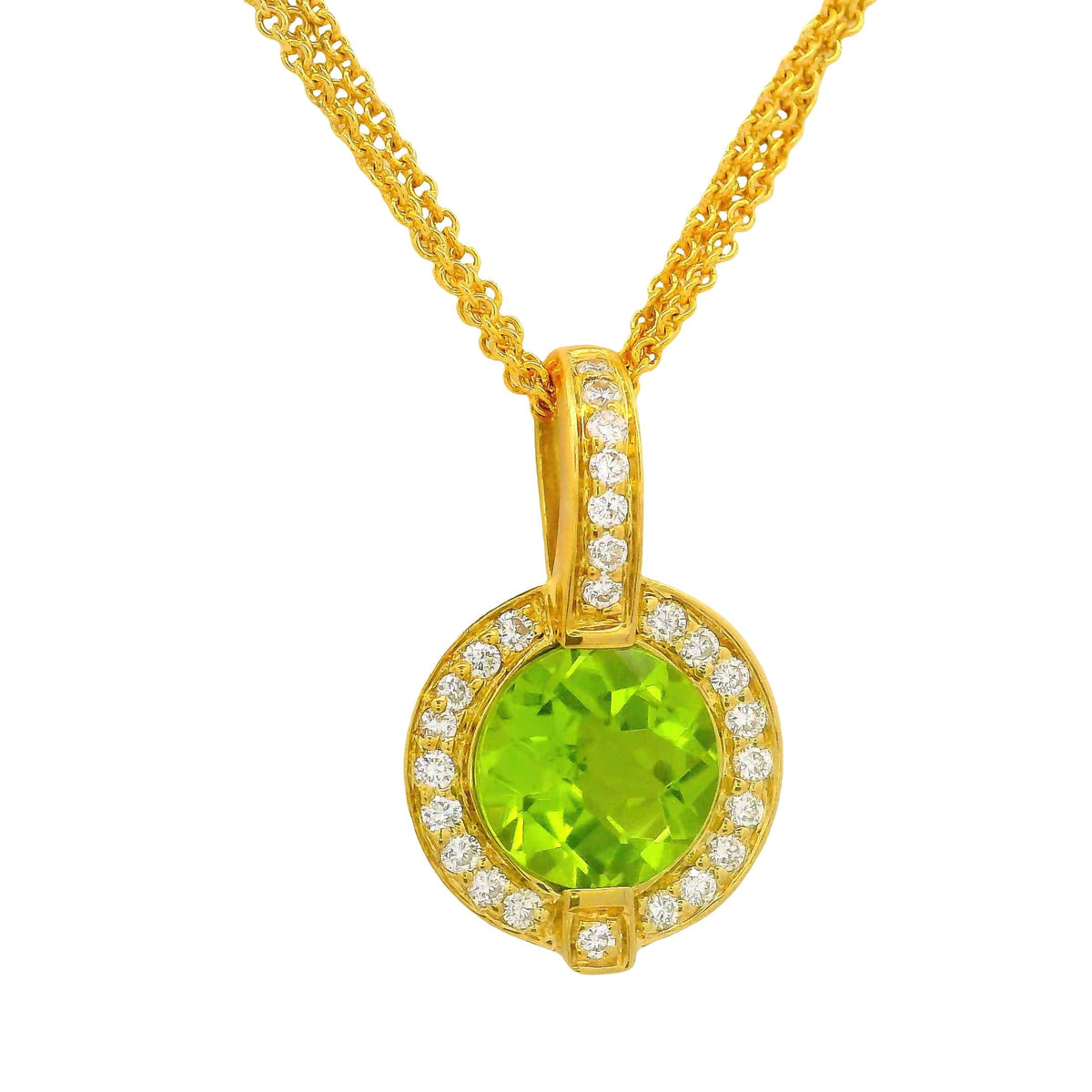 2.01 Carat Peridot Diamond 18K Yellow Gold Halo Three-Strand Pendant Necklace