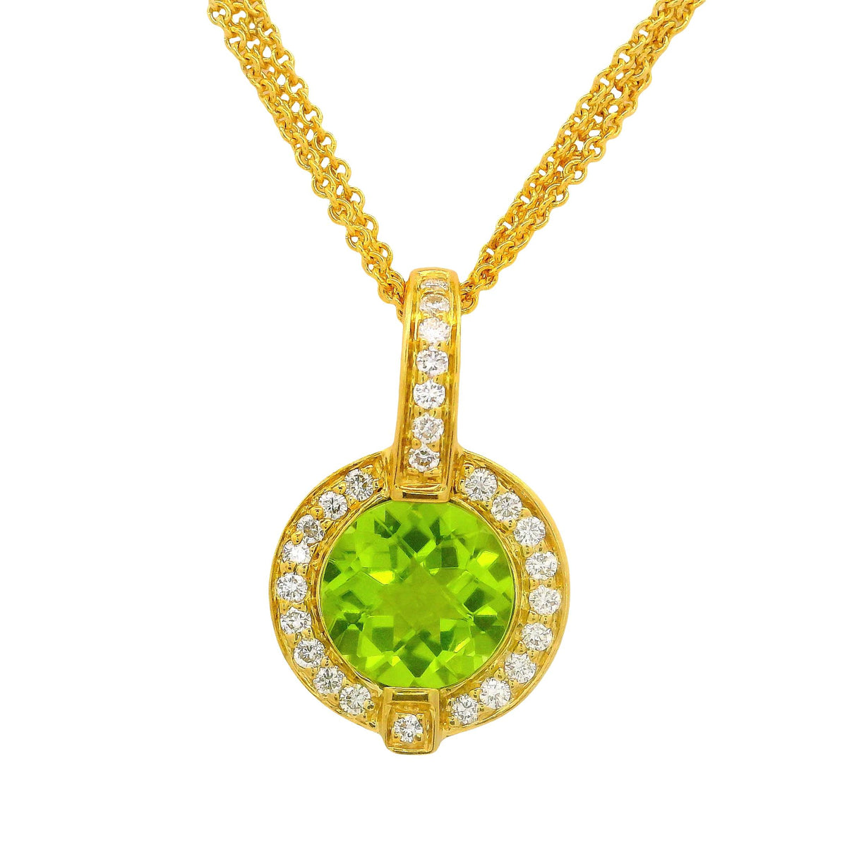 2.01 Carat Peridot Diamond 18K Yellow Gold Halo Three-Strand Pendant Necklace
