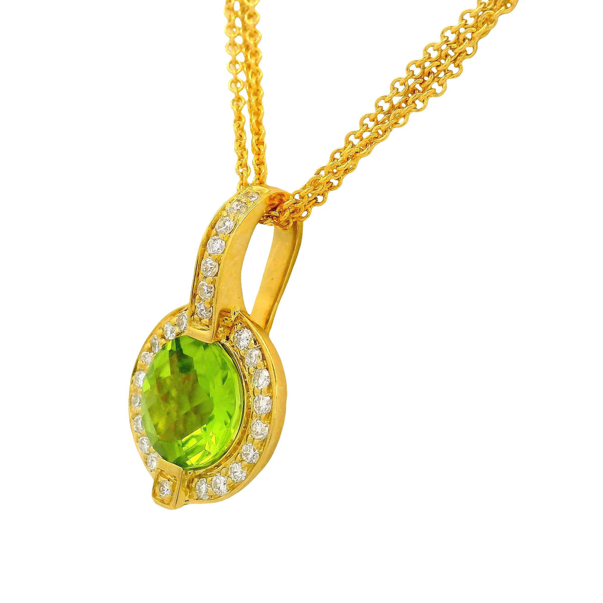 2.01 Carat Peridot Diamond 18K Yellow Gold Halo Three-Strand Pendant Necklace