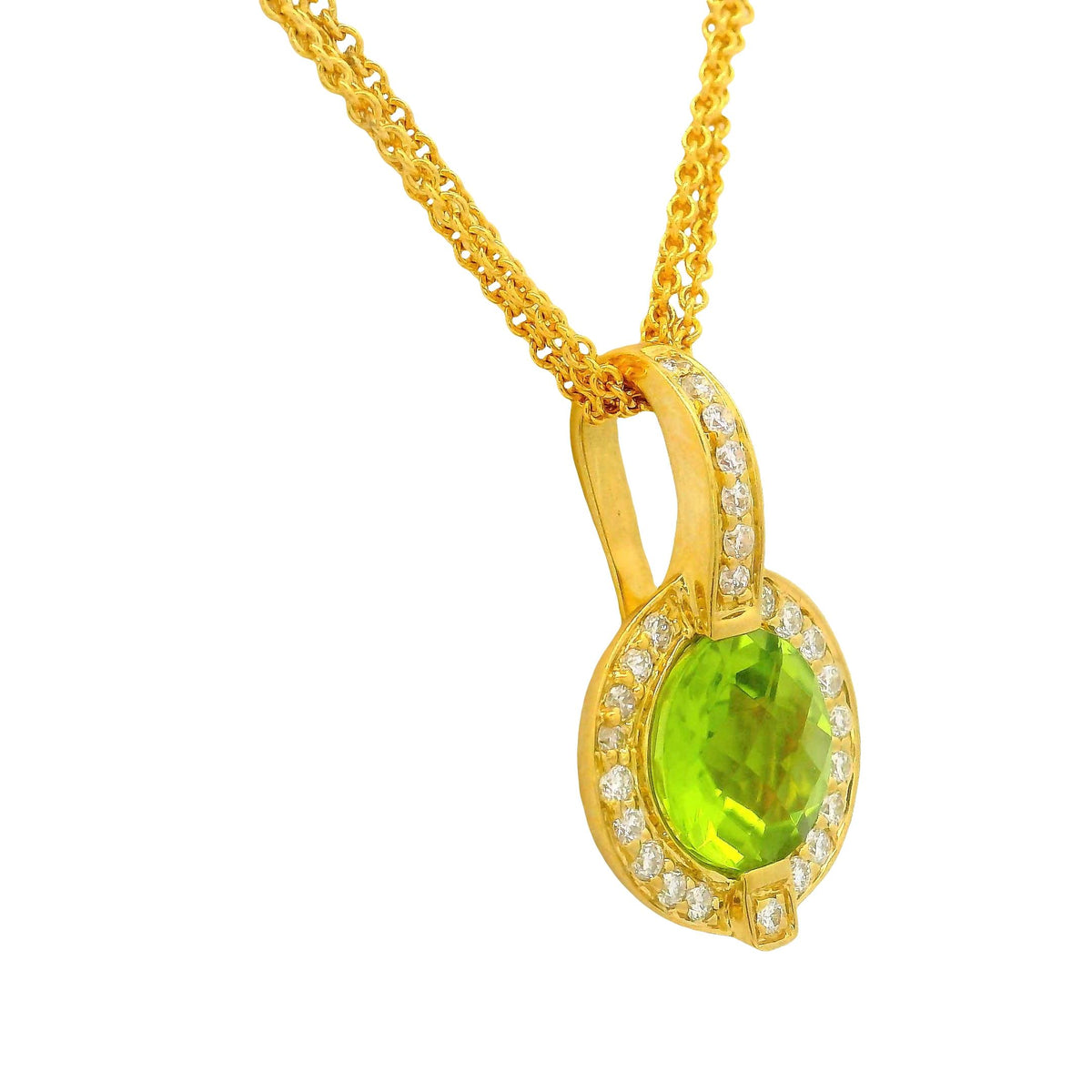 2.01 Carat Peridot Diamond 18K Yellow Gold Halo Three-Strand Pendant Necklace