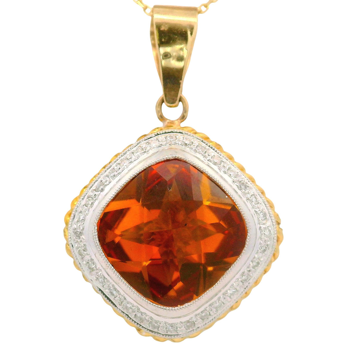 14.22 Carat Citrine Diamond 18K Two-Tone Gold Halo Pendant Necklace