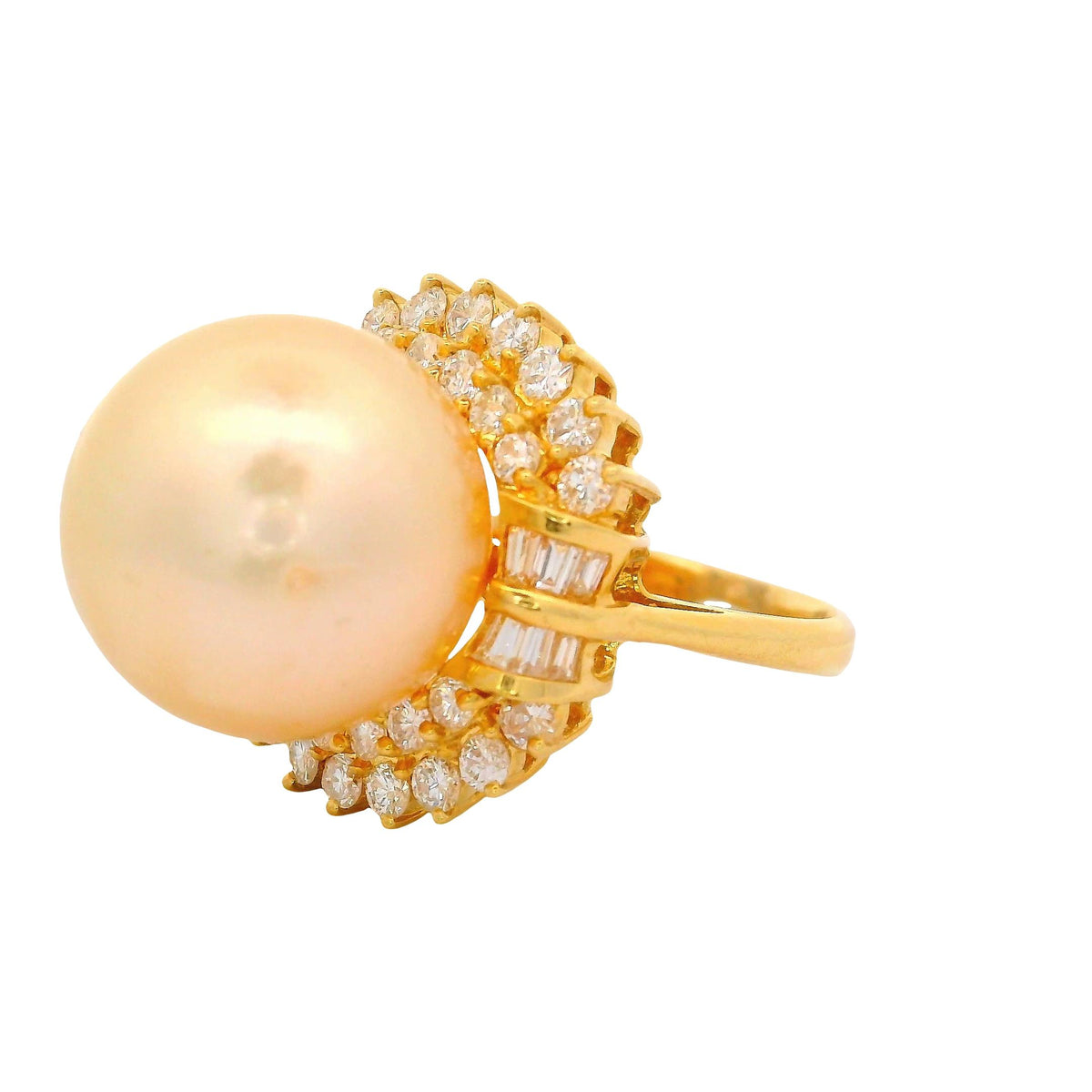 14MM Golden South Sea Pearl Diamond 18K Yellow Gold Ring