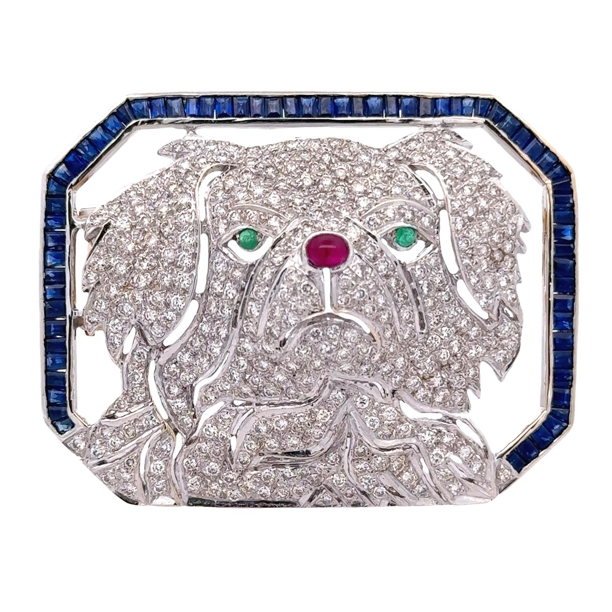 Vintage Diamond Sapphire Emerald Ruby 18K Gold Dog Brooch
