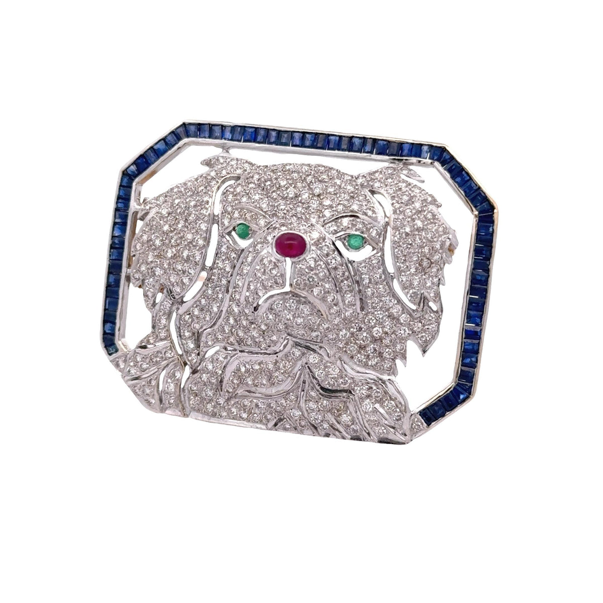 Vintage Diamond Sapphire Emerald Ruby 18K Gold Dog Brooch