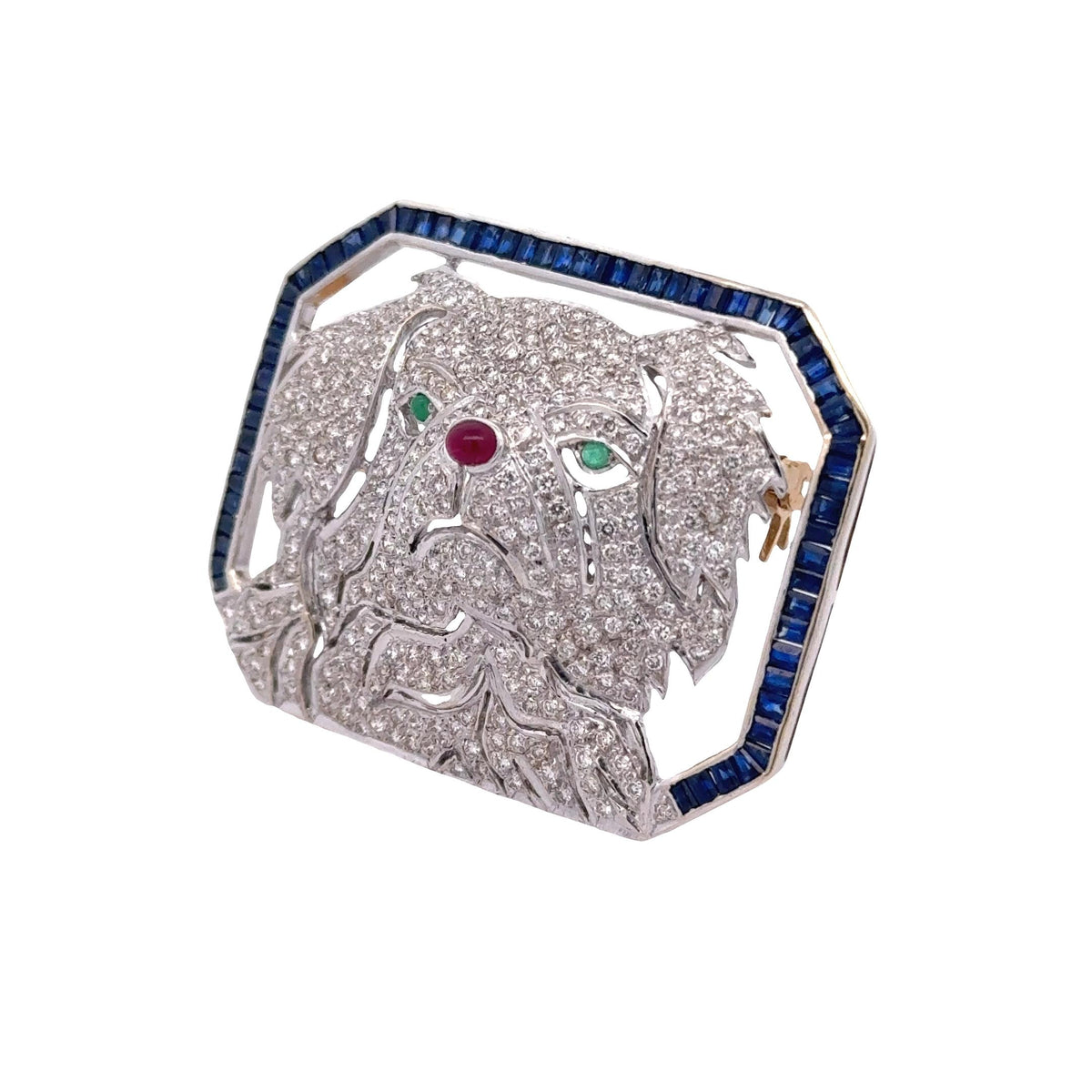 Vintage Diamond Sapphire Emerald Ruby 18K Gold Dog Brooch