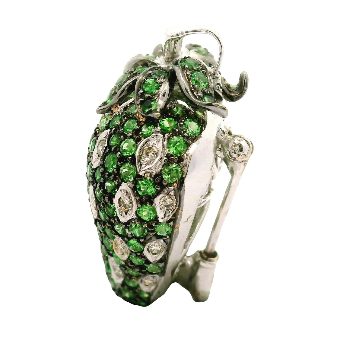 Tsavorite Diamond 18K White Gold Strawberry Brooch Pendant
