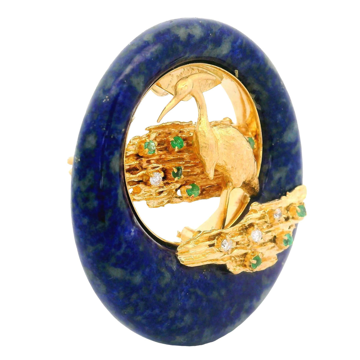 Emerald Diamond Lapis Lazuli 18K Yellow Gold Heron Bird in Lagoon Brooch Pendant