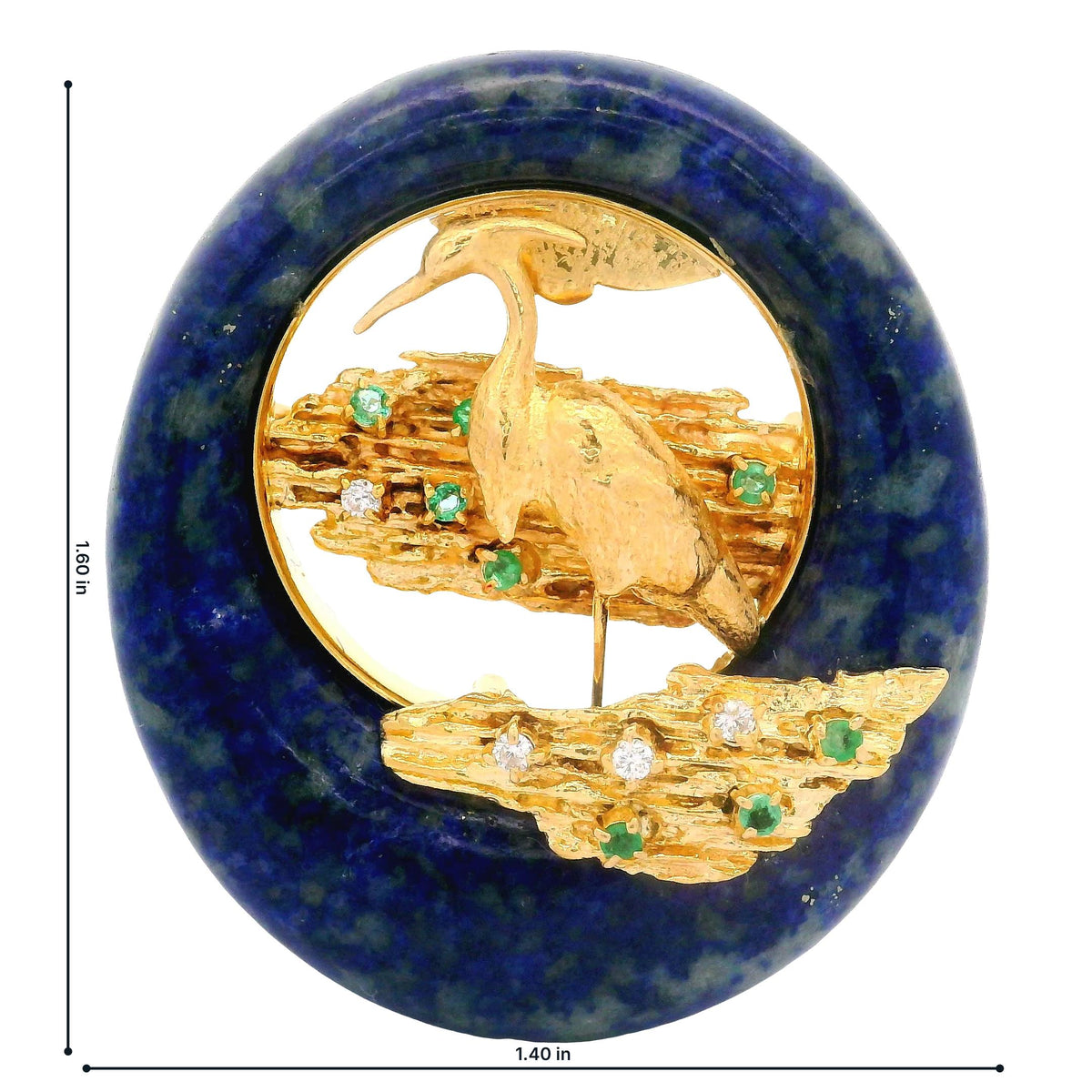 Emerald Diamond Lapis Lazuli 18K Yellow Gold Heron Bird in Lagoon Brooch Pendant