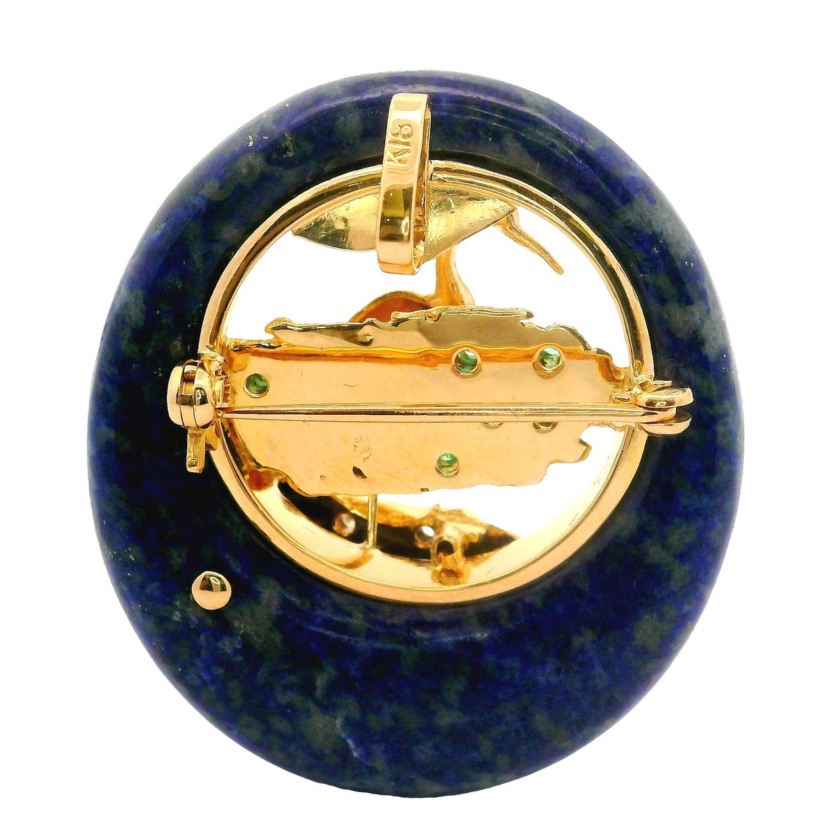 Emerald Diamond Lapis Lazuli 18K Yellow Gold Heron Bird in Lagoon Brooch Pendant