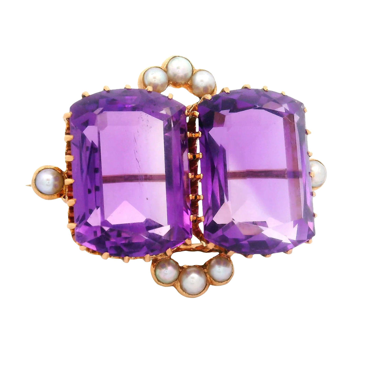 Victorian Twin Amethyst Pearl 14K Gold Brooch