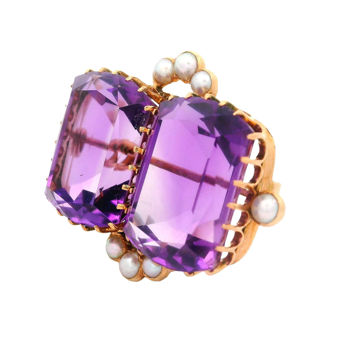Victorian Twin Amethyst Pearl 14K Gold Brooch
