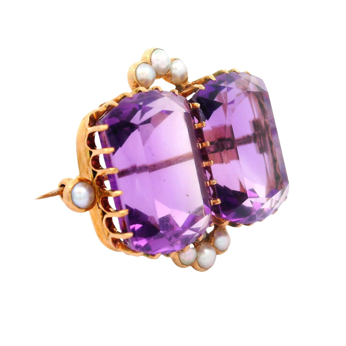Victorian Twin Amethyst Pearl 14K Gold Brooch