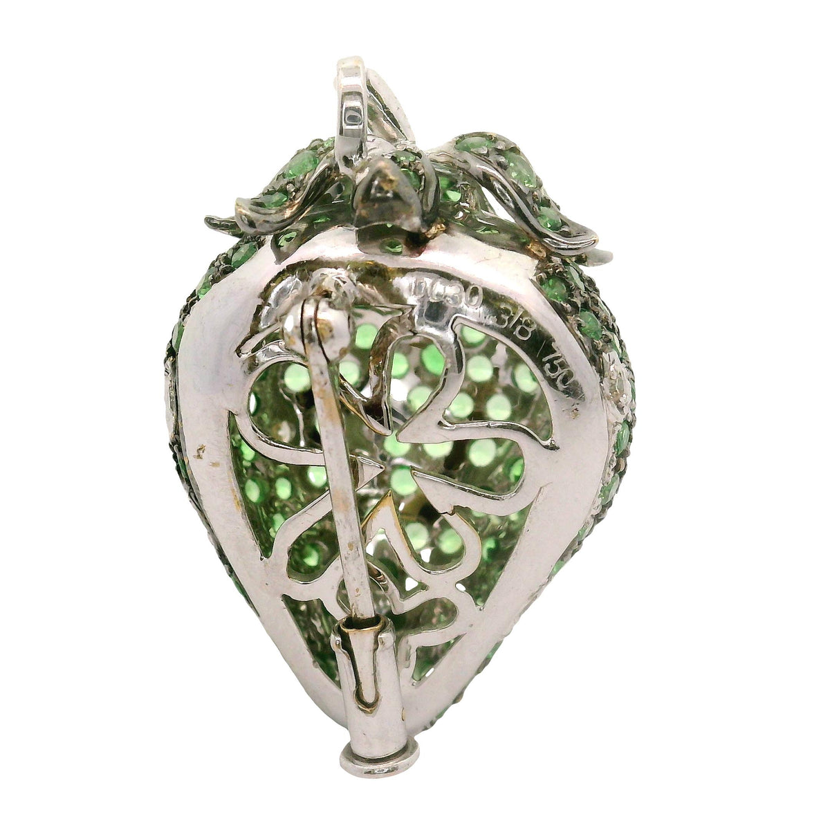 Tsavorite Diamond 18K White Gold Strawberry Brooch Pendant