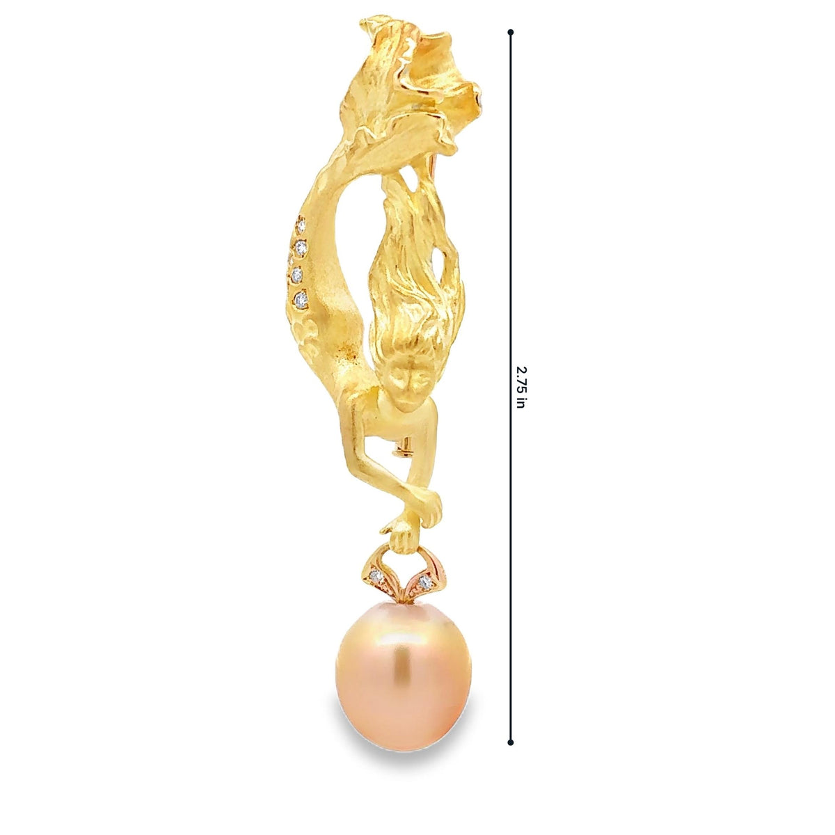 13mm Golden South Sea Pearl Diamond 18K Yellow Gold Mermaid Brooch
