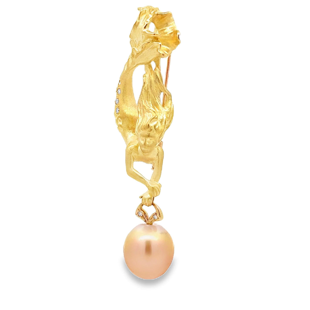 13mm Golden South Sea Pearl Diamond 18K Yellow Gold Mermaid Brooch