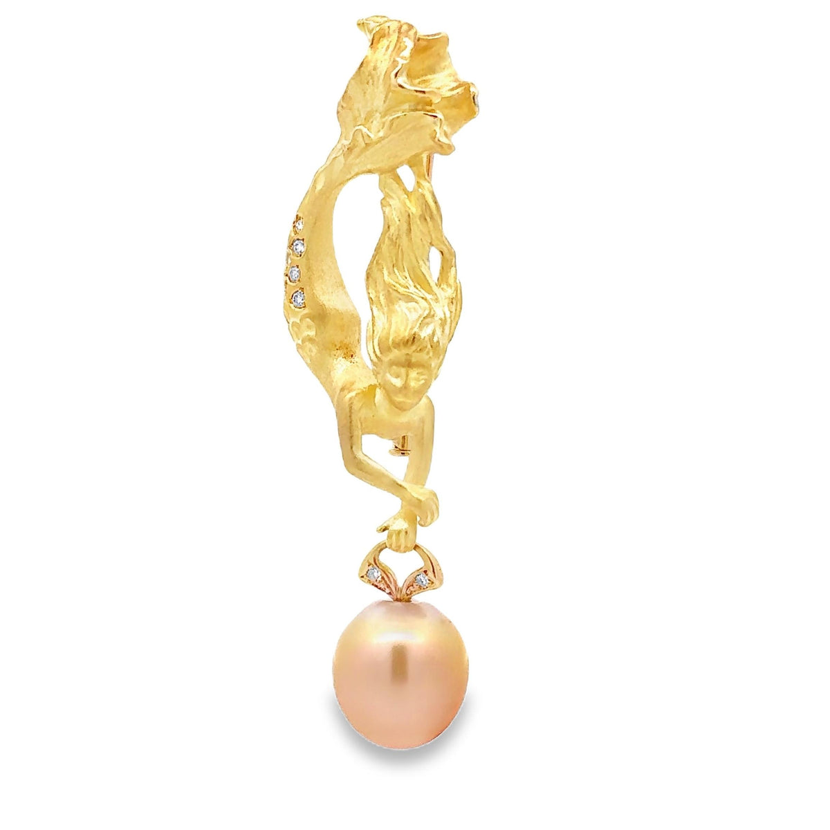 13mm Golden South Sea Pearl Diamond 18K Yellow Gold Mermaid Brooch