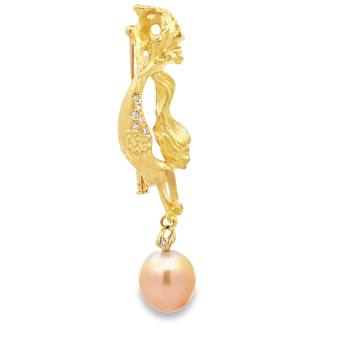 13mm Golden South Sea Pearl Diamond 18K Yellow Gold Mermaid Brooch