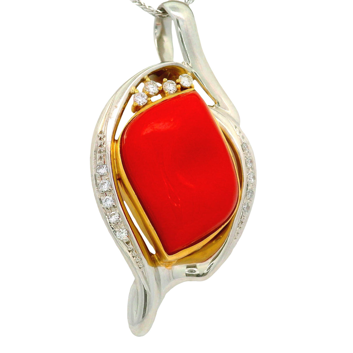 10.12 Carat Ox-Blood Red Coral Diamond Platinum 18K Yellow Gold Pendant Necklace